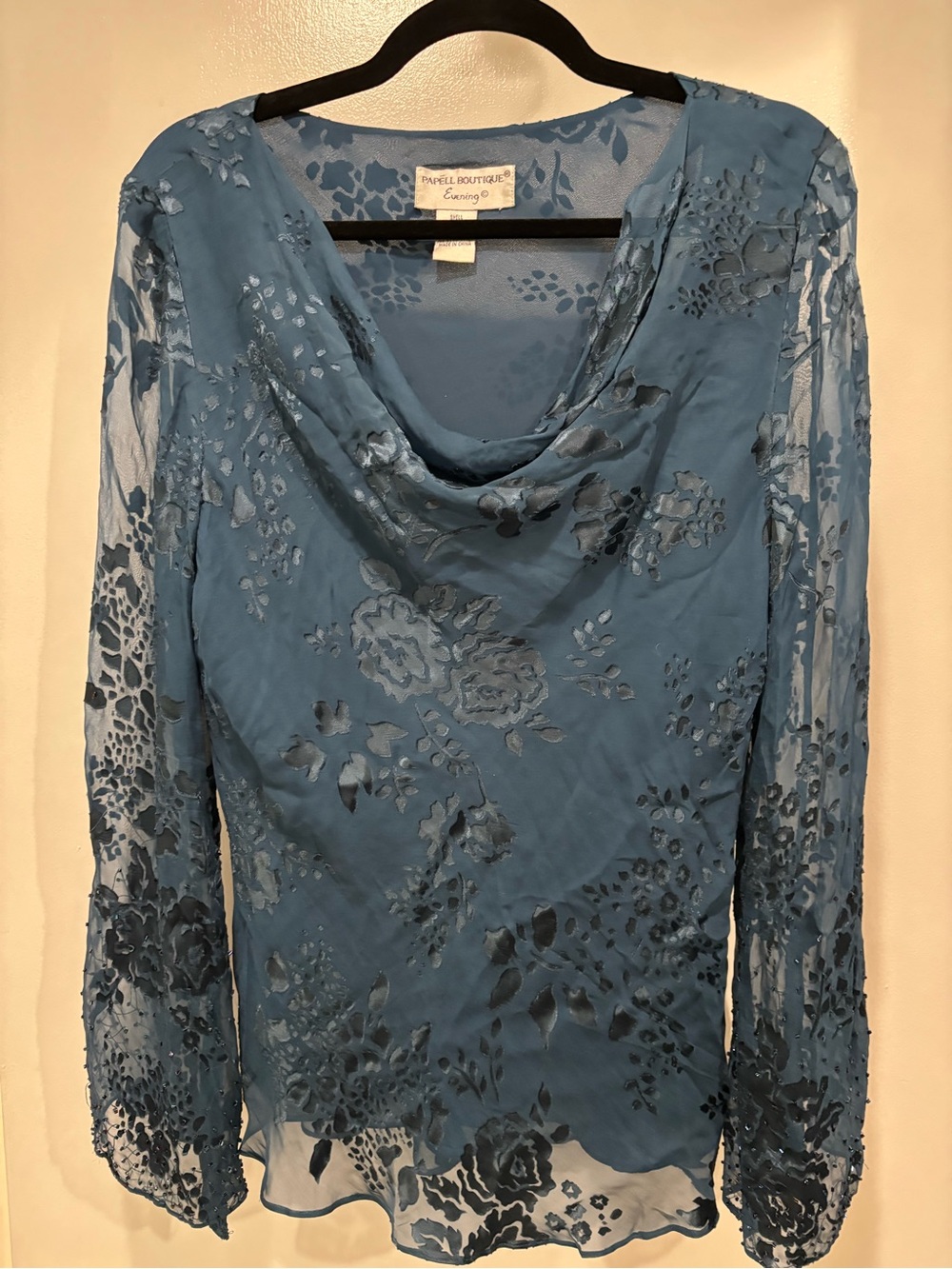 Papell Boutique Blue Floral Burnout Cowl Neck Top Medium